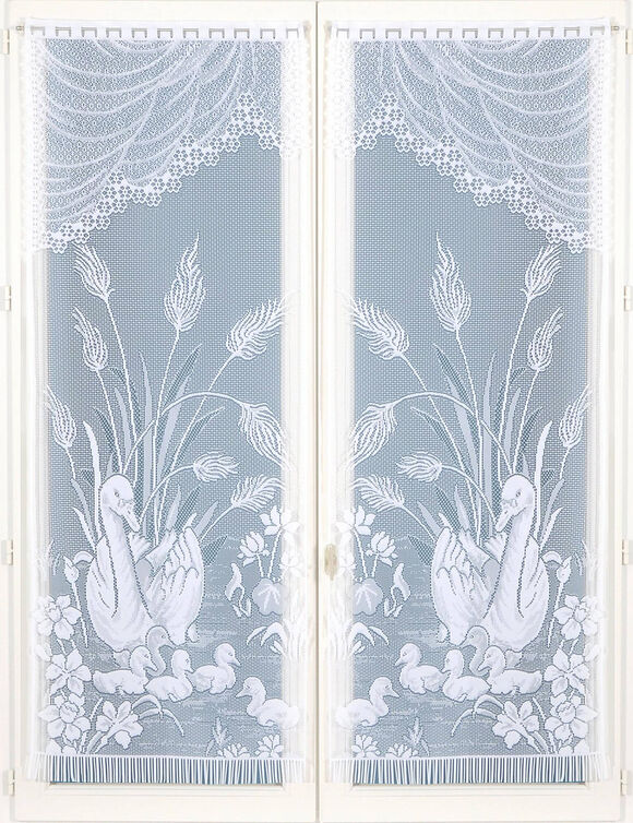 Vitrage droit motif cygnes - paire (blanc) Vitrage droit motif cygnes - paire (blanc)